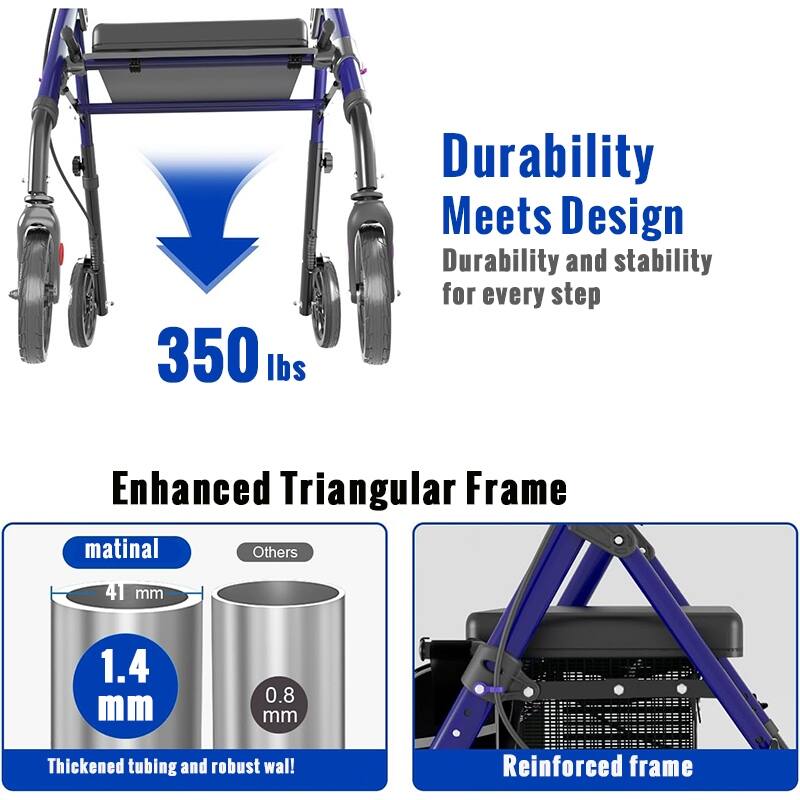Matinal Foldable Rollator Walkers with Seat for Seniors, 350 lb Capacity, 8'' Big Wheels, 6-Position Height