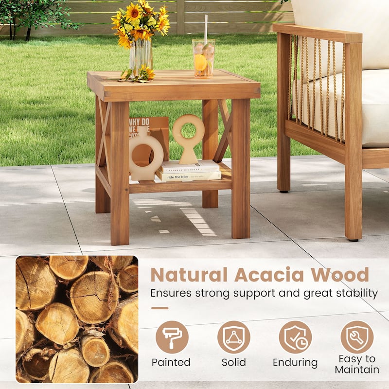 18" Acacia Wood Outdoor Side Table with Open Storage Shelf and X-Shaped Frames for Patio or Garden - 18" x 18" x 18"