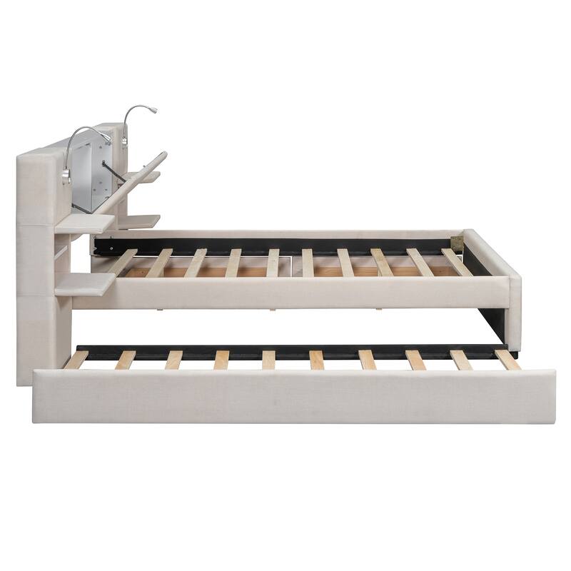 Queen Size Upholstered Platform Bed with Drawers Trundle Flip-up Storage Headboard Side Storage Racks Reading Lights Linen