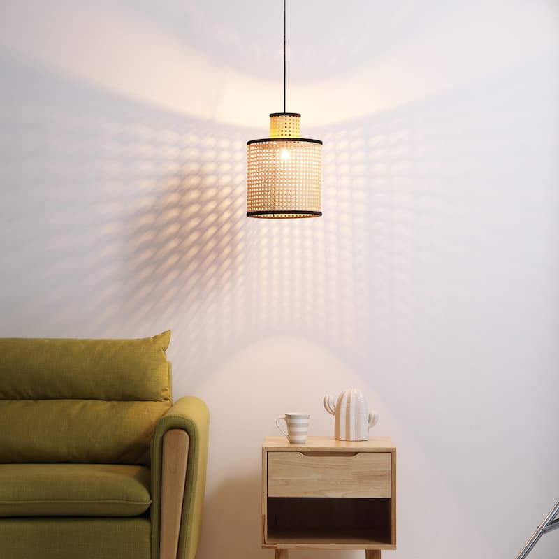 VidaLite Modern Bohemian 2 Tier Mini Pendant, PVC Rattan Shade With Velvet Stiched Rim