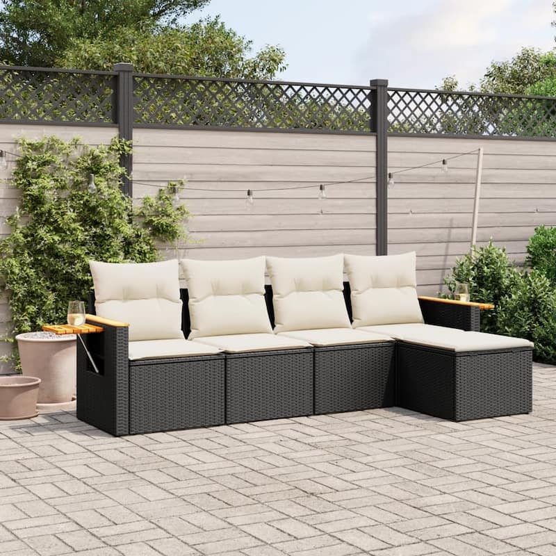 vidaXL Patio Sofa Set with Cushions Outdoor Conversation Furniture Poly Rattan - 21.7 x 21.7 x 14.6 in - Black and cream without table
