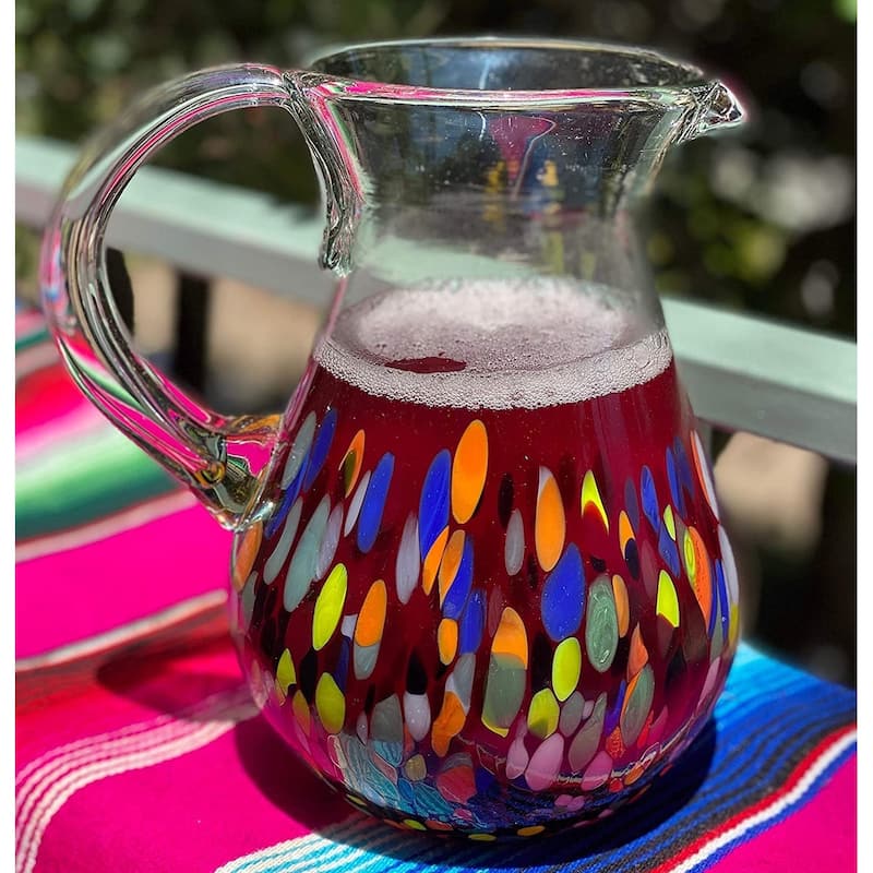 Dos Suenos Mexican Hand Blown Glass Pitcher - Confetti Carmen Design (84 oz)