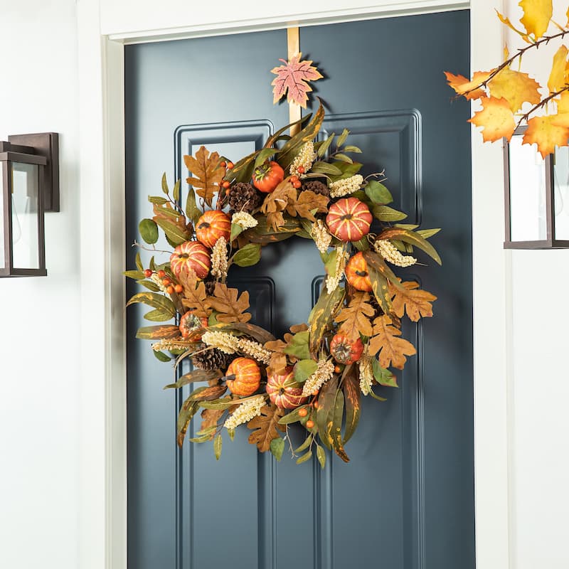 Glitzhome Fall Pumpkin Leaf Pine Cones Floral Swag Wreath Garland Thanksgiving Decor