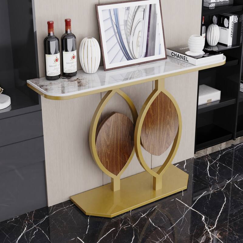 Modern Glossy Artifical Marble Console Table - Yellow-white Texture
