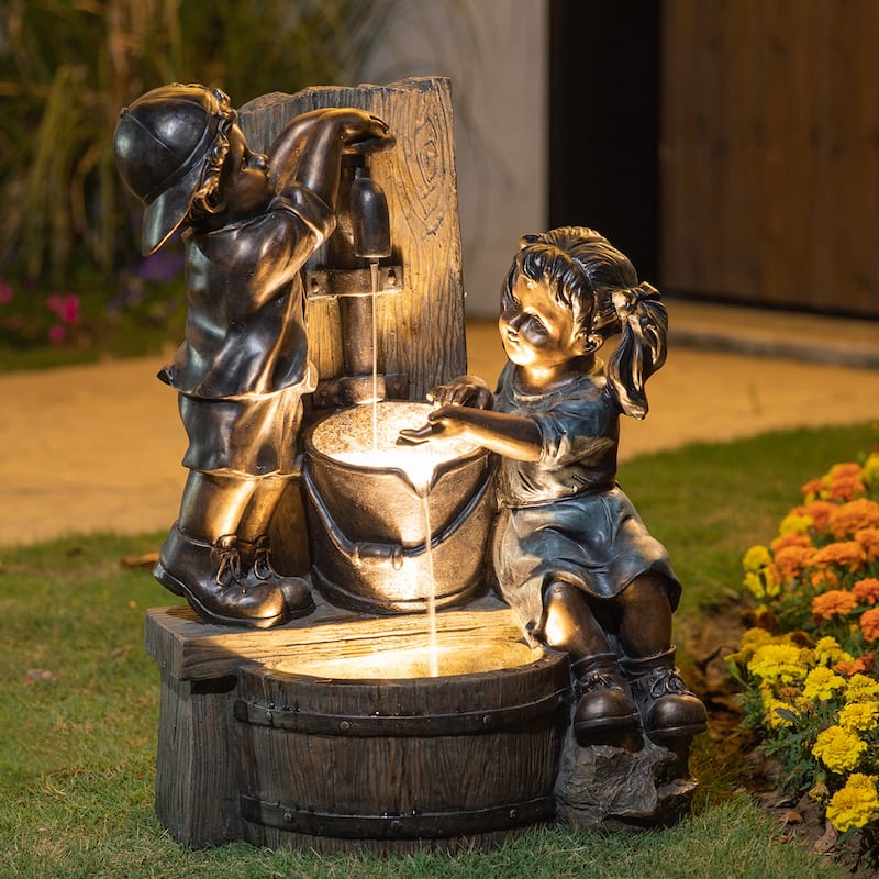 Glitzhome 26"H Polyresin LED Bronze Children Playing with Faucet Outdoor Water Fountain Boy and Girl Statue for Patio Garden