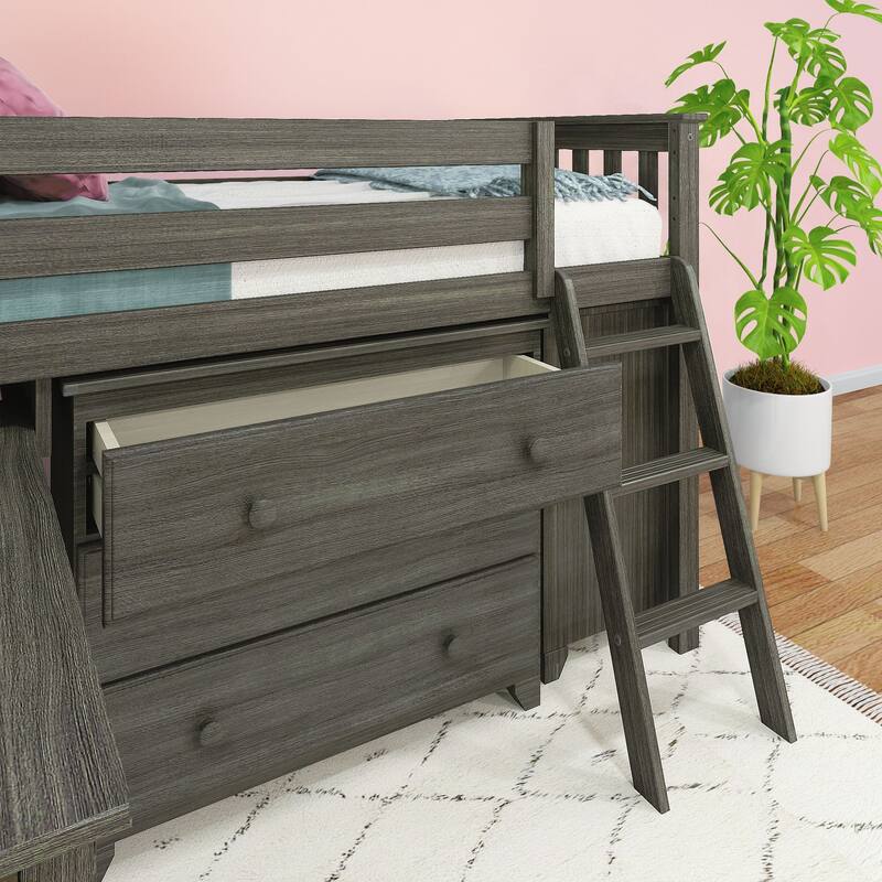 Max and Lily Twin-Size Low Loft with Pull-Out Desk and 3-Drawer Dressers