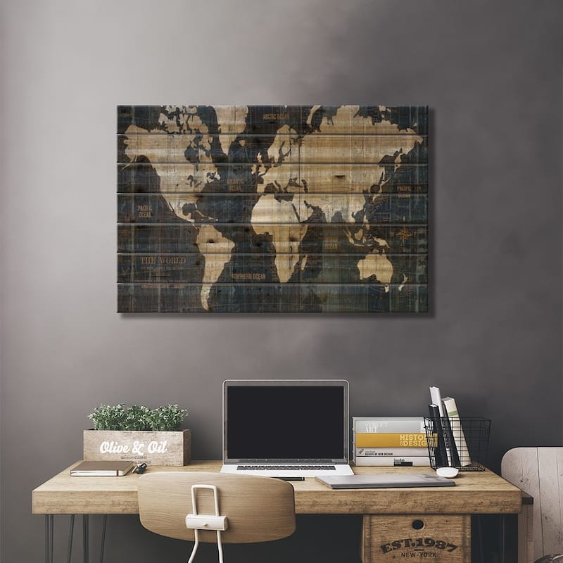 Old World Map Blue Print On Wood by Wild Apple Portfolio - Multi-Color