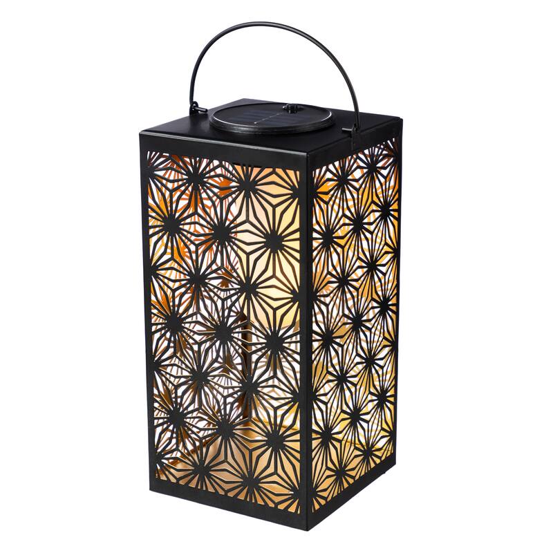 Glitzhome 11"H Black Metal Cutout or Square Textured Glass Pattern Solar Powered Hanging Lantern with LED Light