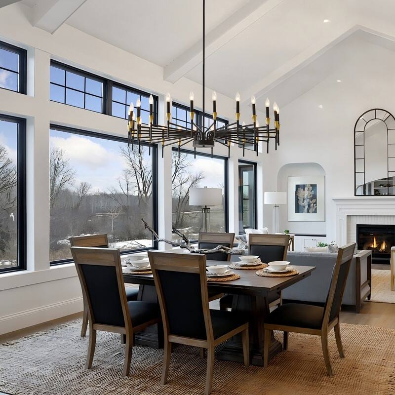 Black & Gold Modern Farmhouse Chandelier Rustic Ceiling Light Dimmable E12 Candle-Style Pendant Lighting Fixture