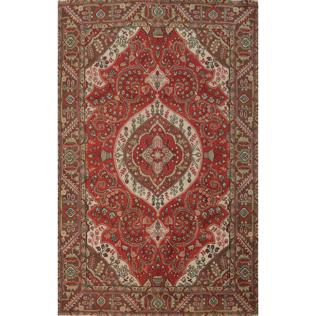 Hand Knotted Oriental 100% Wool Carpet Traditional Floral Oranges & Rust Tabriz Area Rug - 9' 1'' X 6' 4''