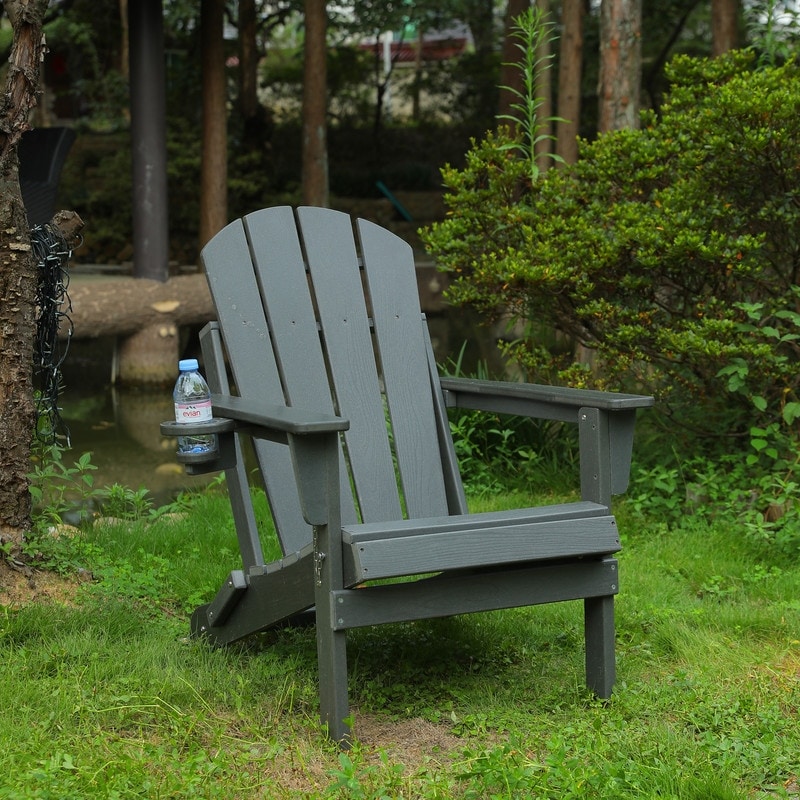 Folding Adirondack Chair with Wood-Texture Composite and Dual Cup Holders