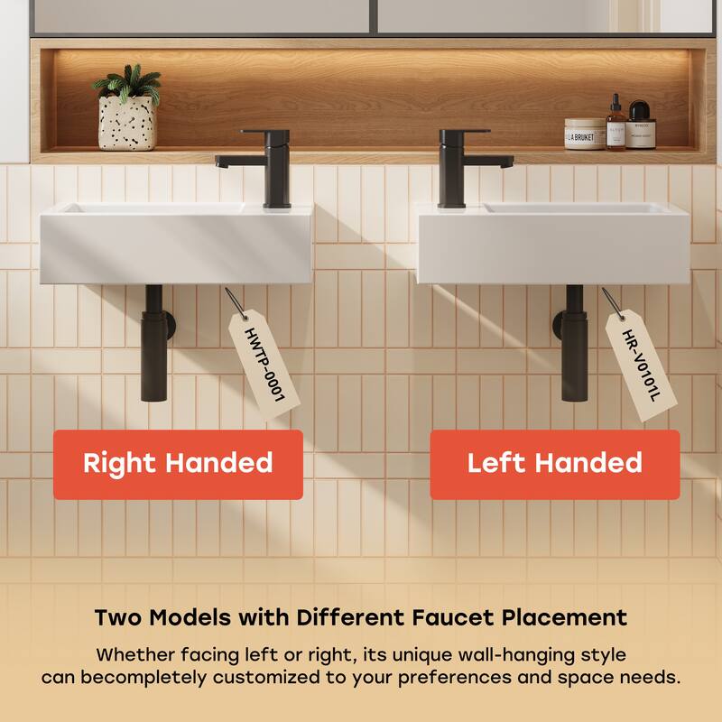 HOROW Right Hand White Ceramic Wall-Mounted Rectangle Vessel Sink Porcelain - N/A