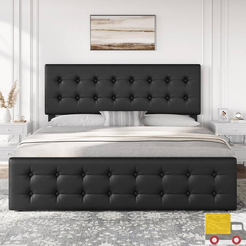 Upholstered Bed with 4 Drawers and Adjustable Button-Tufted Linen Headboard