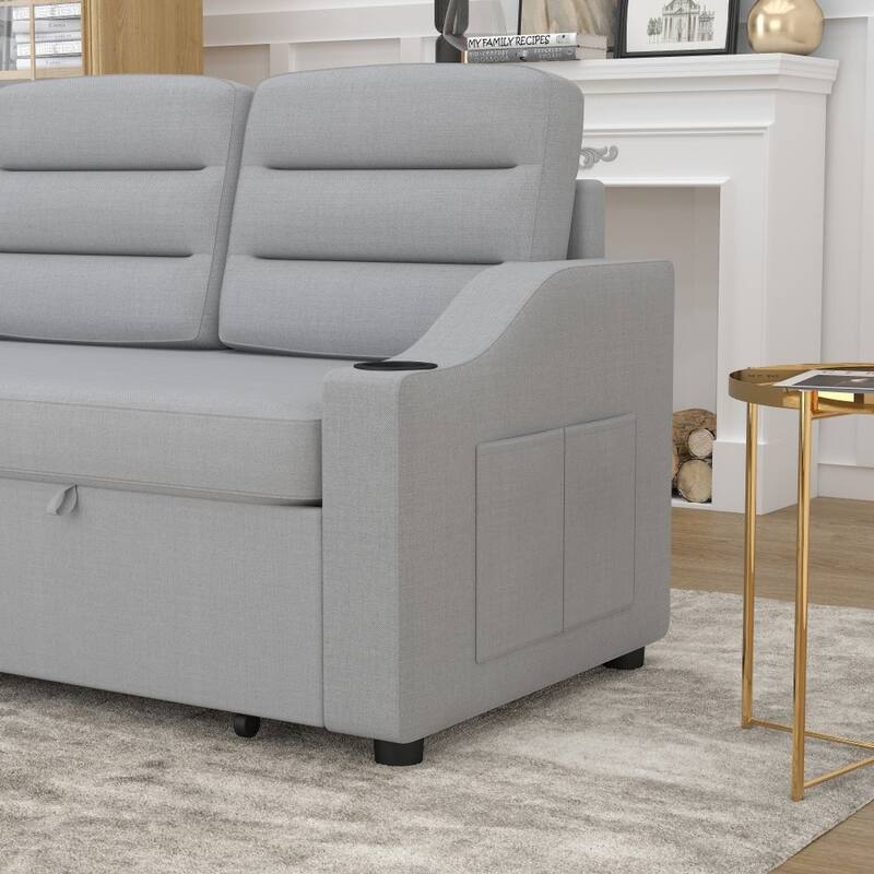 Convertible Sofa Bed Polyester Pullout Bed with Storage Recliner and Cup Holder