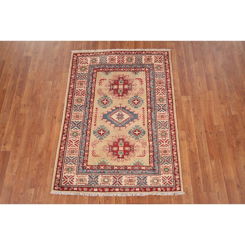 Oriental Kazak Foyer Rug Hand-Knotted Traditional Beige Wool Carpet - 3'4" x 4'7"