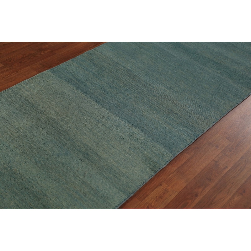Blue & Green Modern Gabbeh Runner Rug Handmade Wool Carpet - 3'0" x 9'8"
