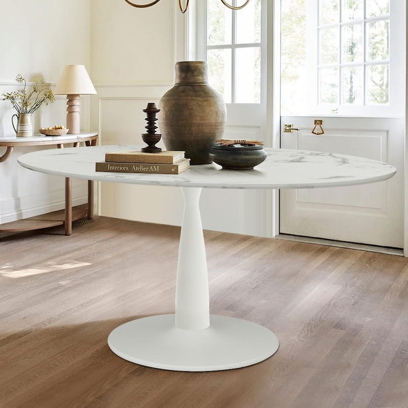 Oval White Faux Marble Topped Pedestal Dining Table - White