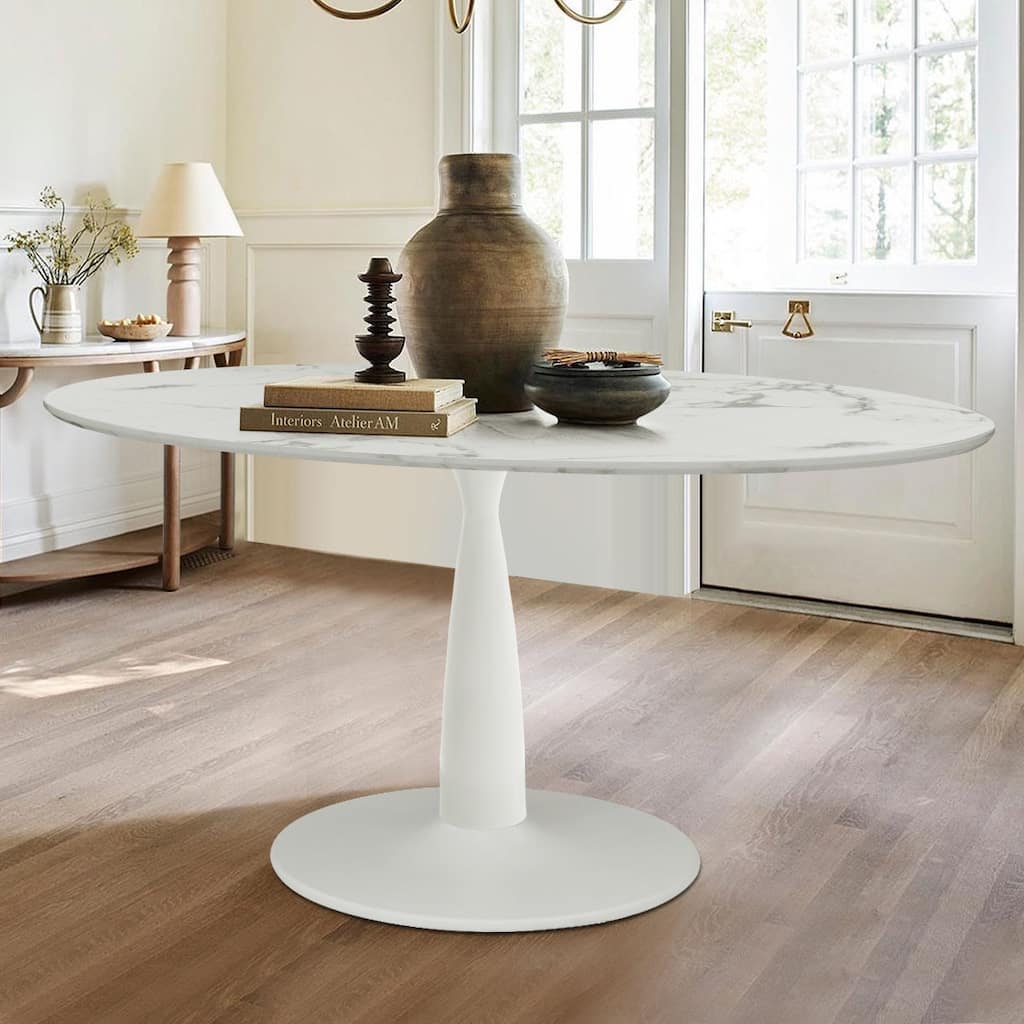 Oval White Faux Marble Topped Pedestal Dining Table