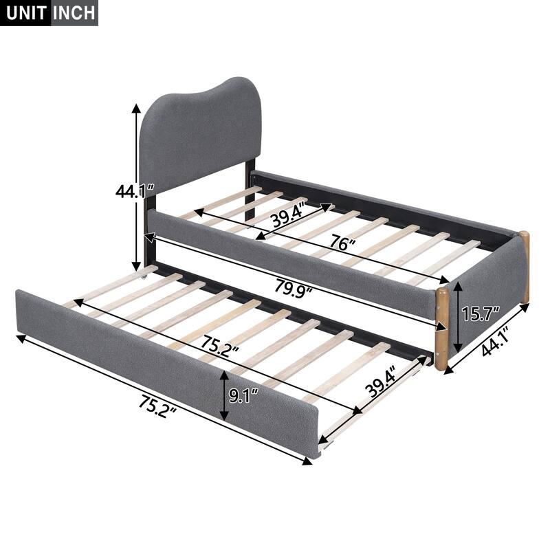 Roomfitters Twin Size Upholstered Platform Bed with Wooden Feet and Pull-Out Trundle, Gray