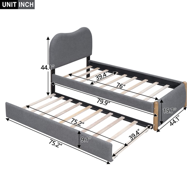 Twin Size Upholstered Platform Bed Frame with Wood Supporting Feet and Slatted, Pull-out Trundle Bed for Bedroom