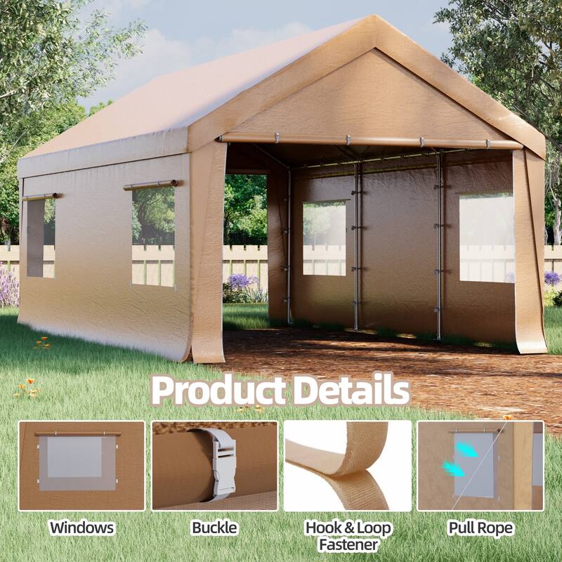 Heavy Duty Enclosed Carport Shelter, Waterproof UV-Resistant Canopy with Steel Frame & Roll-Up Windows