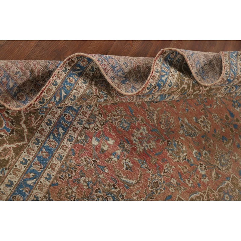 Distressed Mashad Vintage Persian Area Rug Hand-Made Wool Carpet - 9'7" x 13'2"