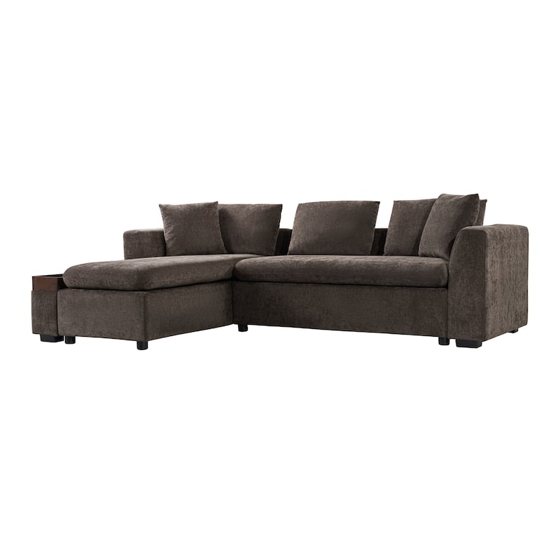 93.7" L-shaped Chenille Upholstered Brown Sofa with Wooden Storage for Living Room