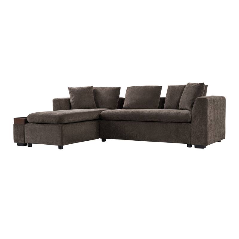 L-Shaped Sectional Sofa with Chaise Lounge, Chenille Upholstered Sleeper Couch with Wooden Storage Compartment & Throw Pillows