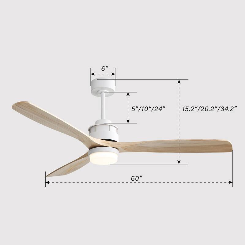 60 Inch Modern Ceiling Fan with Light Remote Control, 3 Solid Wood Blades, Suitable for Indoor and Outdoor