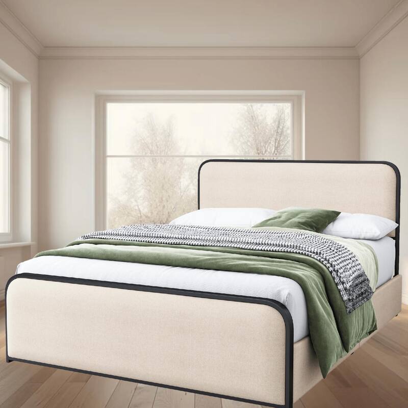 Modern Metal Platform Bed with Curved Upholstered Headboard, 4 Storage Drawers, Heavy Duty Slats, Queen and King Sizes - Beige - King