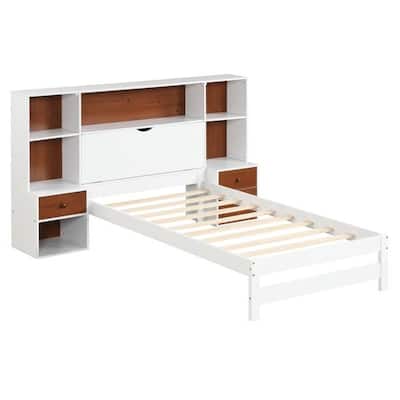 White Walnut Pine Wood 3-in-1 Twin Bed Frame with Bookcase Headboard and Nightstands