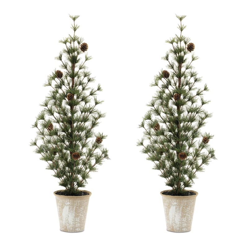 HomeRoots Set of Two 32" Mini Artificial Pine Trees With Pinecones In Rustic Brown Pots - 13.50 in. x 31.50 in. x 13.50 in.