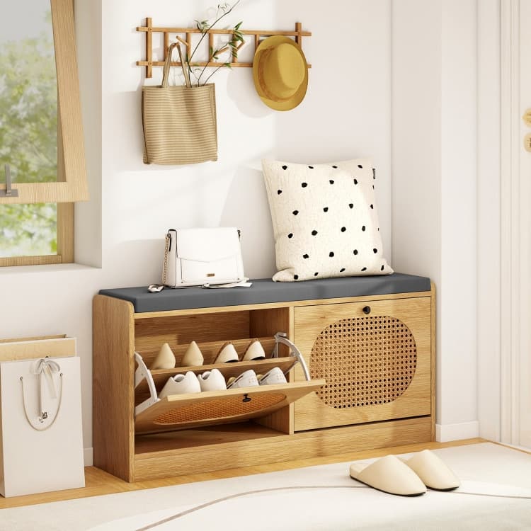 Natural-Grey Wood Rattan Shoe Storage Bench with Cushion and Adjustable Shelves - 40" x 9.5" x 19"
