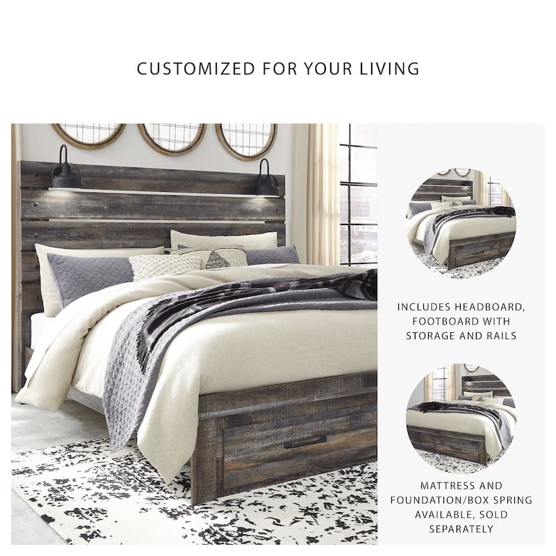 Drystan Rustic Brown Panel Bed with Footboard Storage Drawers