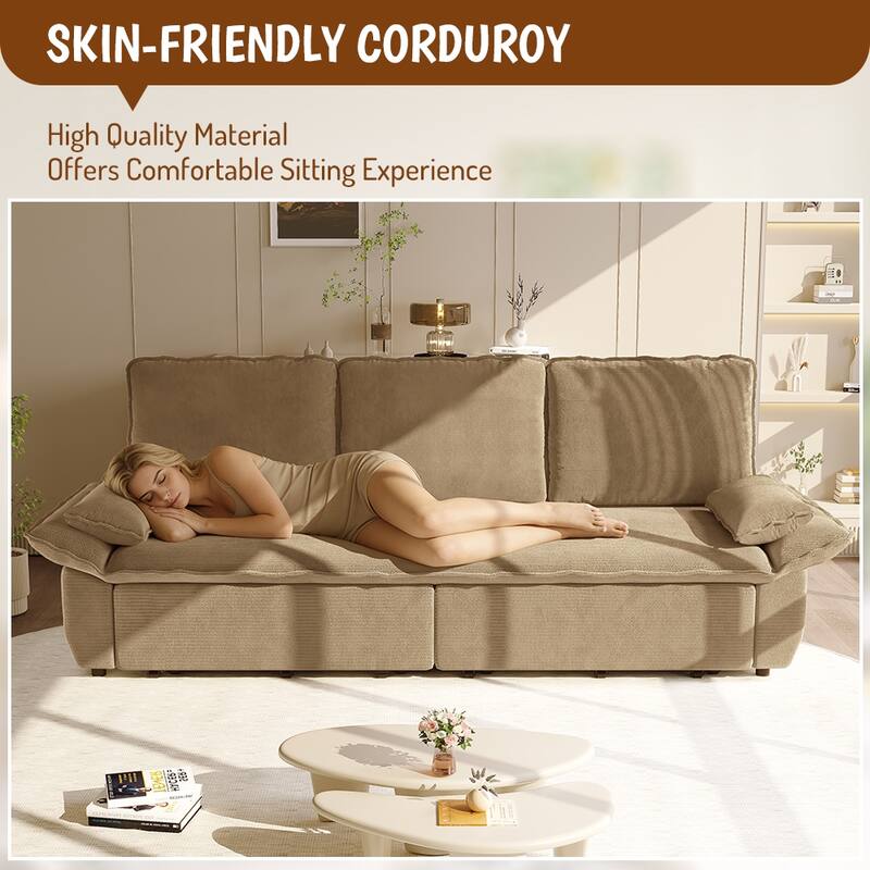 94.5" King Size Pull Out Sofa Bed, 3-in-1 Convertible Sleeper in Corduroy Fabric, Sofa Bed