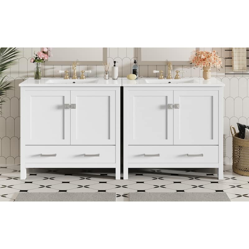72"Bathroom Vanity with Ceramic Sink, Soft-Close Doors, Double Storage Shelves & Divided Drawer -with Ample Storage