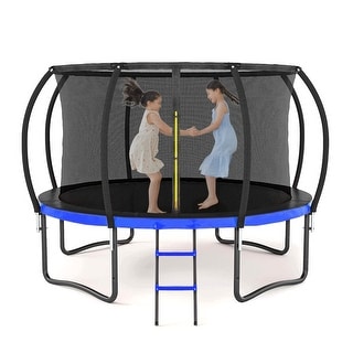 12FT Outdoor Trampoline Big Stable Trampoline With Inner Safety Enclosure Net, Ladder, PVC Spring Cover Padding - Black+Blue
