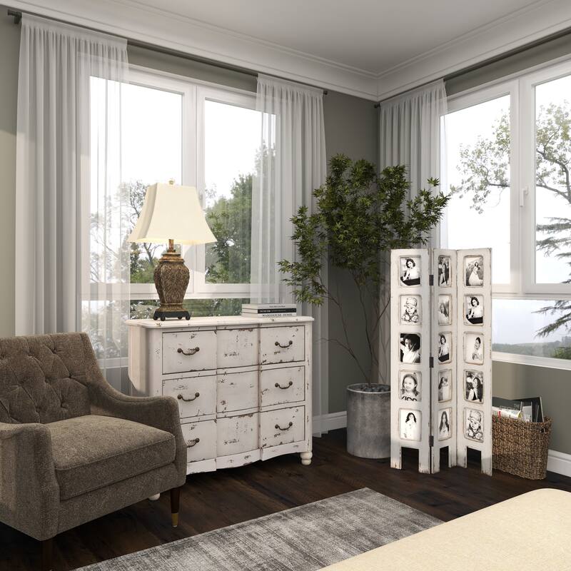 White Wooden Hinged Foldable Partition 3 Panel Partition Room Divider Screen with 15 Photo Slots