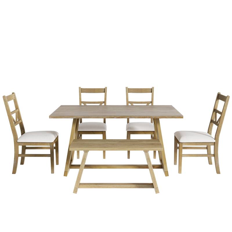 Farmhouse 6Piece Dining Table Set with Cross Legs, Kitchen Set with 4