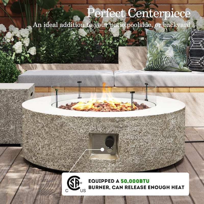 Patio Watcher 42in. Outdoor Round Magnesium Oxide Fire Pit Table with Gas Tank Cover and Wind Guard