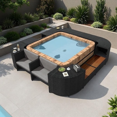 Outdoor Patio Rattan Spa Surround Frame Sofa Set with Storage Spaces and Wooden Bench