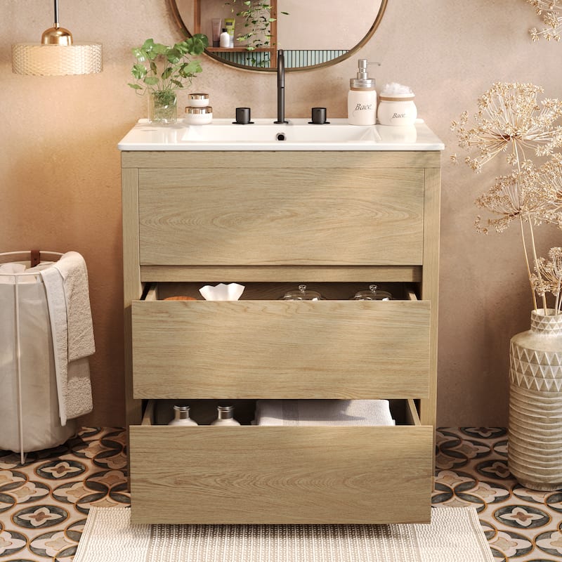 30" Freestanding Bathroom Vanity with Ceramic Sink - 2 Full-Extension Drawers, Soft-Close Slides & 45° Handle-Free Design