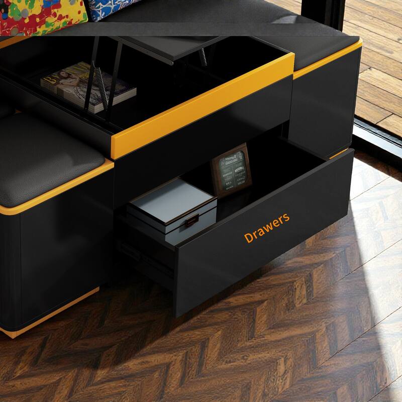 Lift Top Coffee Table with Storage Stools, High Gloss Modern Convertible Coffee Dining Table with Foldable Top