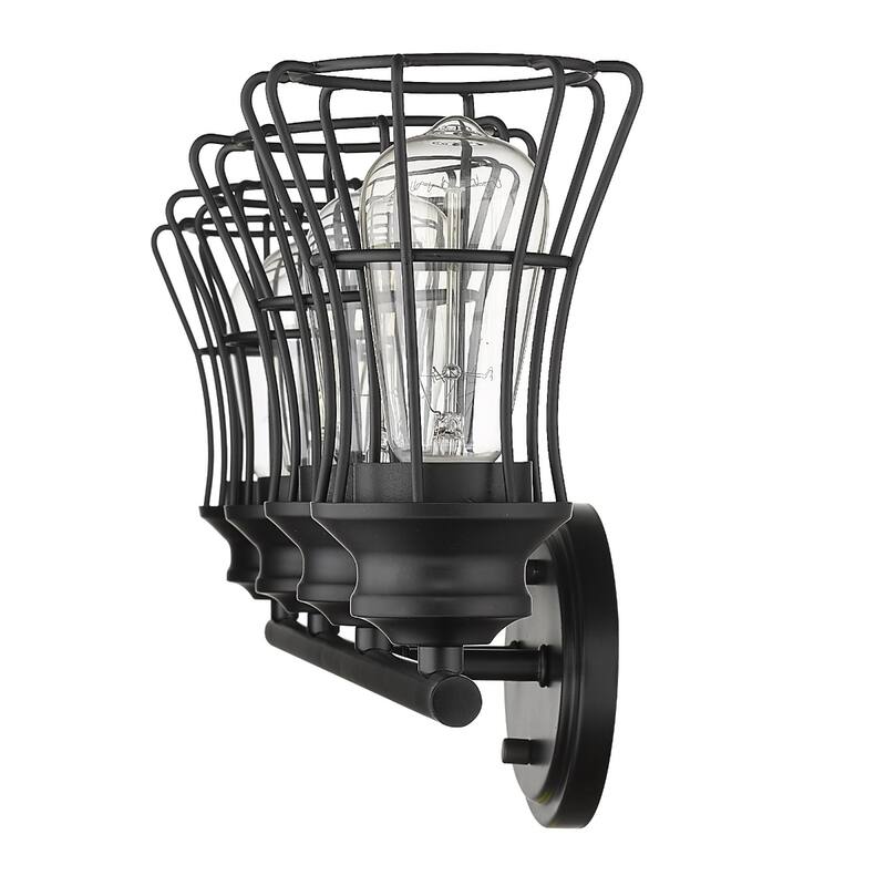 Modern 4-Light Vanity Wall Light in Matte Black with Metal Cage Shades and E26 Base Damp Rated - 9.25"H x 32.25"W x 6.25"D