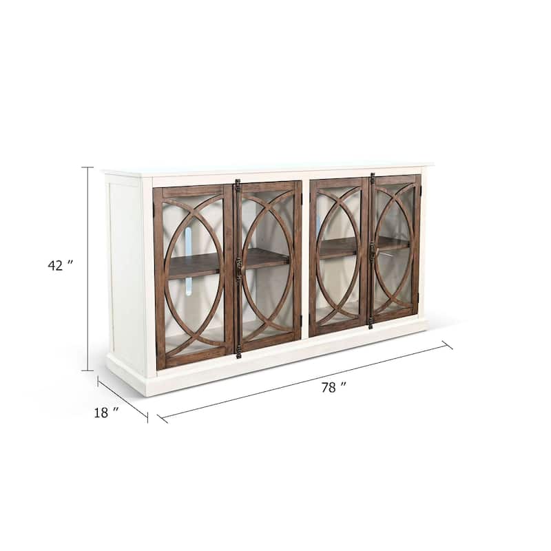 Camie TV Media Console w Glass Doors, 78 Inch, White Mahogany Wood