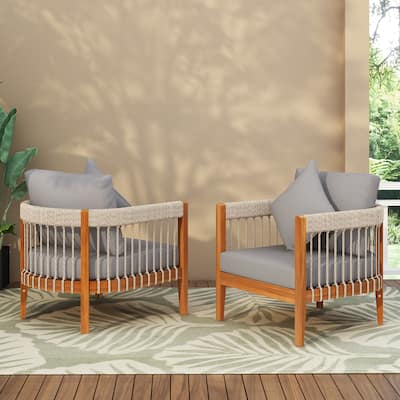 [Set of 2] Acacia Wood Outdoor Club Chair with Handwoven Rope Accents & Curved Backrest - Water-Resistant