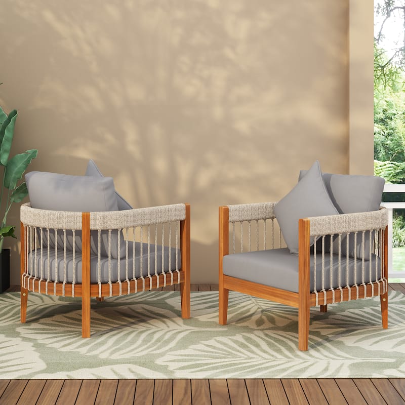 [Set of 2]Acacia Wood Club Chair with Rope Accents&Curved Backrest-Water-Resistant Patio Lounge Chair with Removable Cushions - Natural+Grey