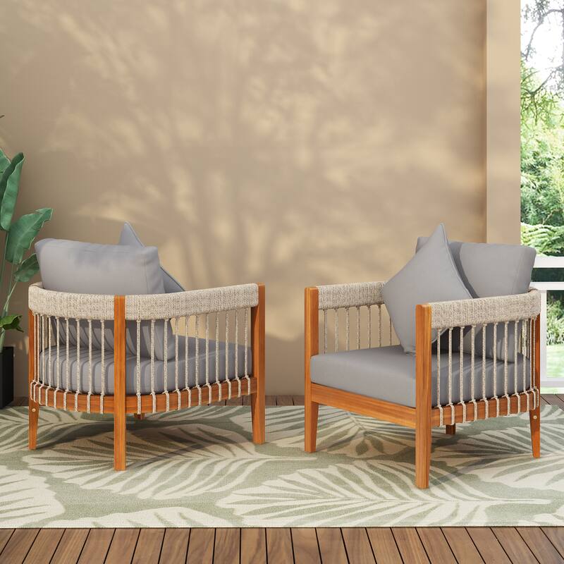 Acacia Wood Outdoor Club Chair with Handwoven Rope and Curved Backrest, Ideal for Porch and Garden Relaxation.