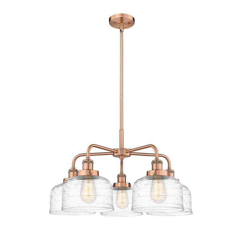 Innovations Lighting Bell - 5 Light 26" Stem Hung Chandelier - Antique Copper/Clear Deco Swirl