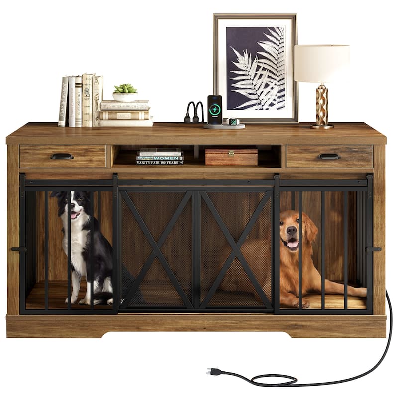63 Inch Double Dog Crate TV Stand with Charging Station - Brown